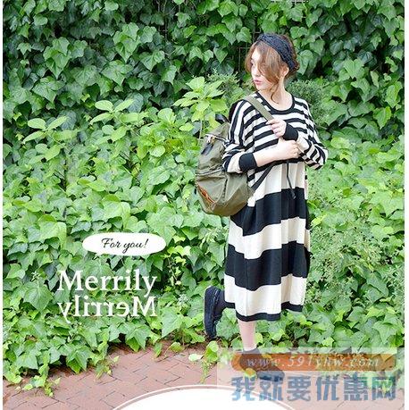 Merrily女士宽松版长款条纹针织衫  4色可选 均码